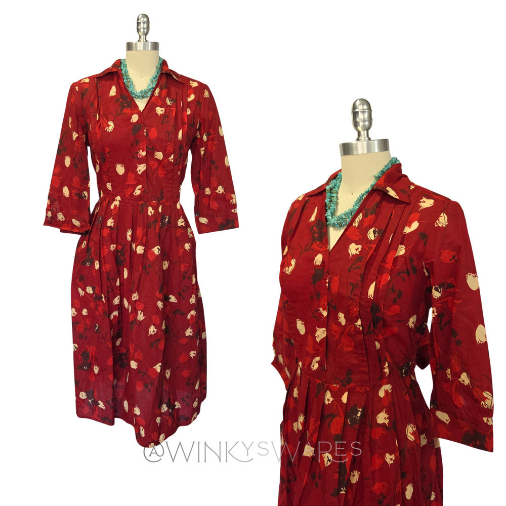 Vintage 90s Newport News Floral Print Shirt Dress Size 8 New Red Fit & Flare